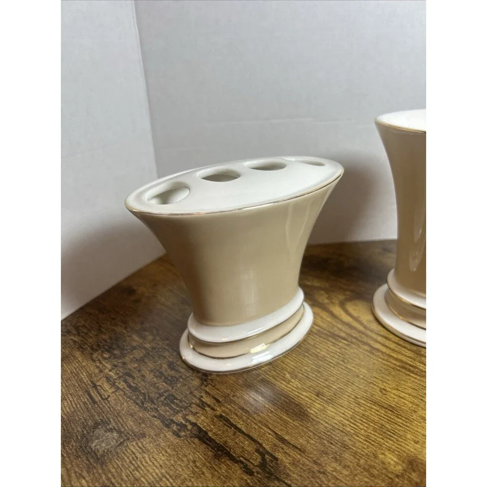 Beige White Gold Trim Ceramic Bath Set Toothbrush Holder Cup Soap Holder Decor
